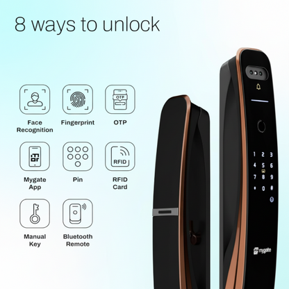 Mygate Lock Pro 2 Ultra smart door lock showing 8 unlock methods including face recognition, fingerprint, OTP, PIN, RFID card, Mygate app, manual key, and Bluetooth remote.