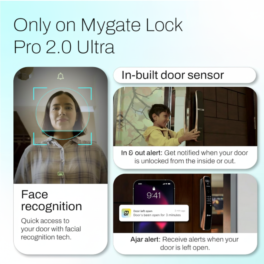 Mygate Lock Pro 2 Ultra smart door lock with face recognition, in-built door sensor, in-out alerts, and ajar alert notifications for enhanced home security.