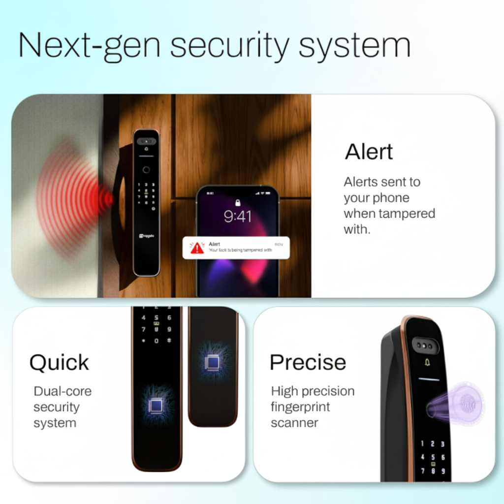 Mygate Lock Pro 2 Ultra smart door lock showcasing next-gen security features including tamper alert notifications, dual-core security system, and high-precision fingerprint scanner.