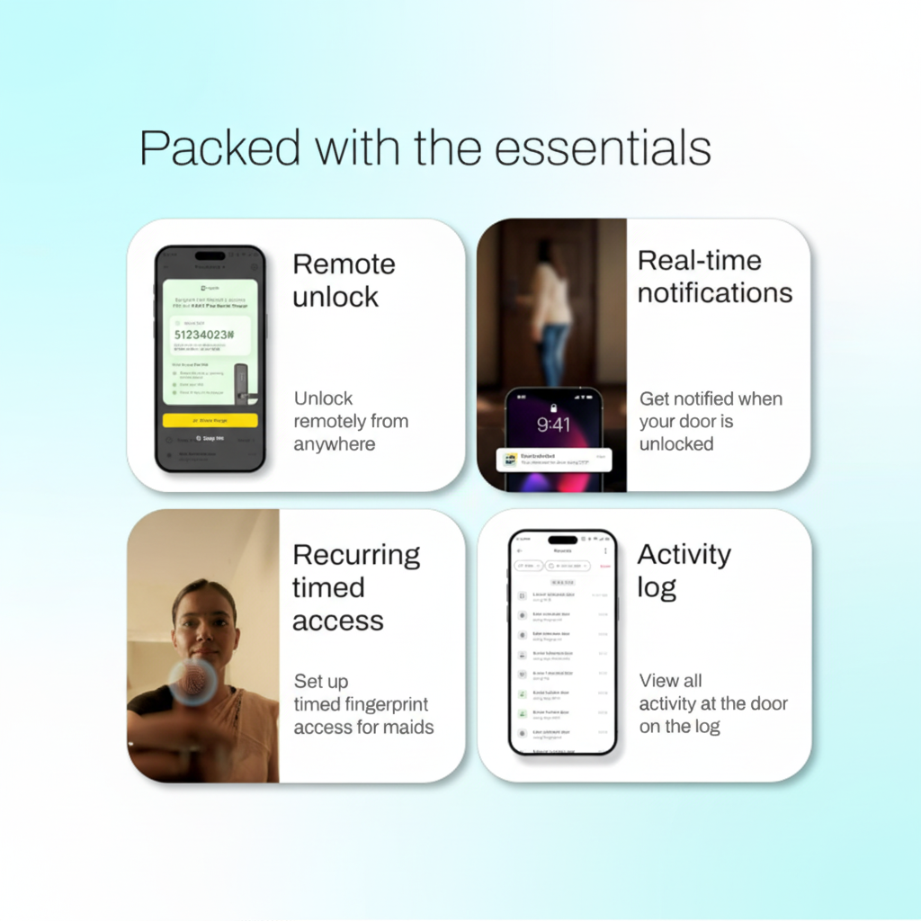 Mygate Lock Pro 2 Ultra smart door lock features including remote unlock via app, real-time notifications, recurring timed access for users, and activity log tracking.