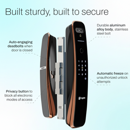 Mygate Lock Pro 2 Ultra smart door lock with durable aluminum alloy body, stainless steel bolt, auto-engaging deadbolt, privacy button, and security freeze on unauthorized attempts.