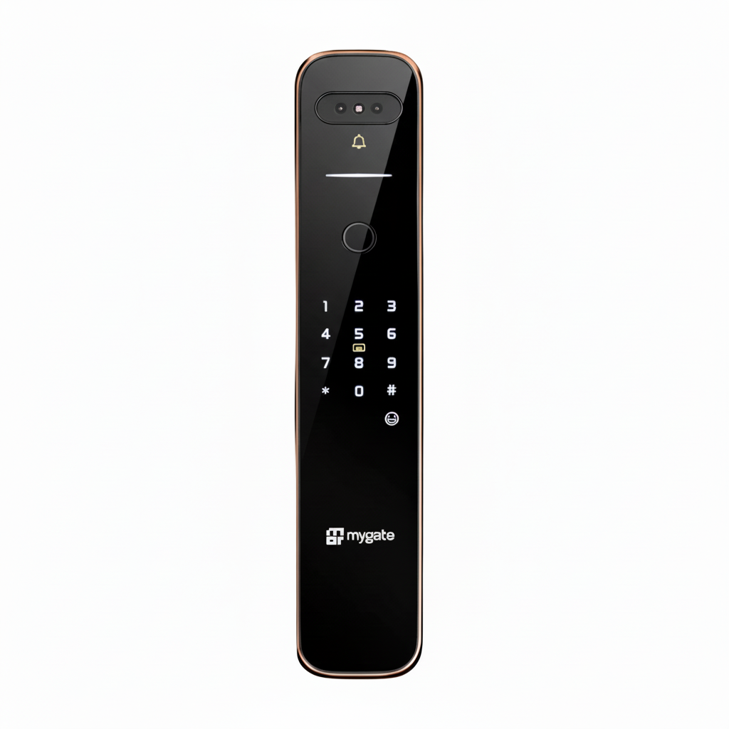 Mygate Lock Pro 2 Ultra smart digital door lock with fingerprint scanner, PIN keypad, and keyless entry in copper finish.