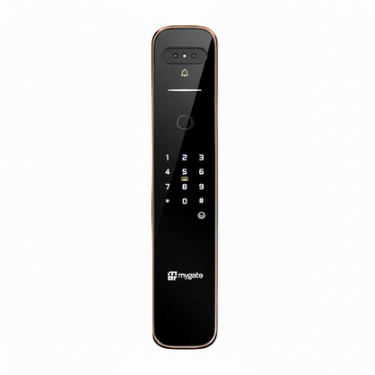 Mygate Lock Pro 2 Ultra smart digital door lock with fingerprint scanner, PIN keypad, and keyless entry in copper finish.