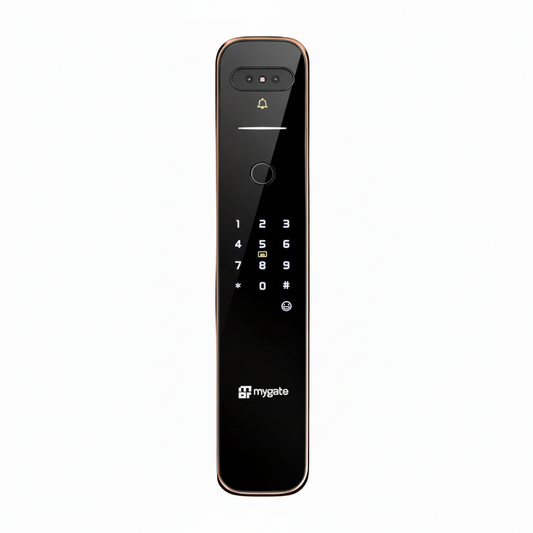 Mygate Lock Pro 2 Ultra smart digital door lock with fingerprint scanner, PIN keypad, and keyless entry in copper finish.