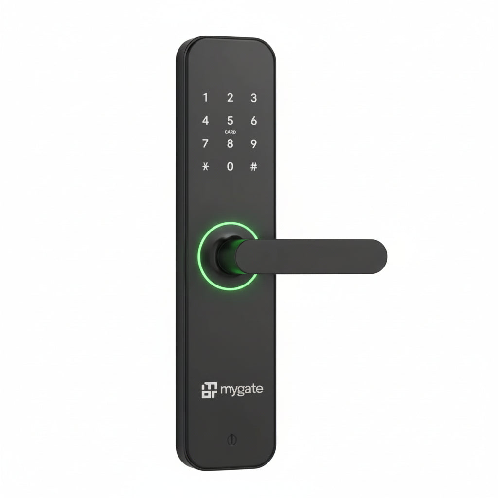 Mygate Lock SE black smart digital door lock with touchscreen keypad and handle, featuring keyless entry, fingerprint access, and modern sleek design for home security.