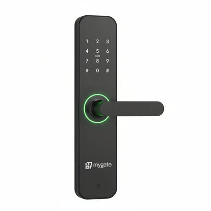 Mygate Lock SE black smart digital door lock with touchscreen keypad and handle, featuring keyless entry, fingerprint access, and modern sleek design for home security.