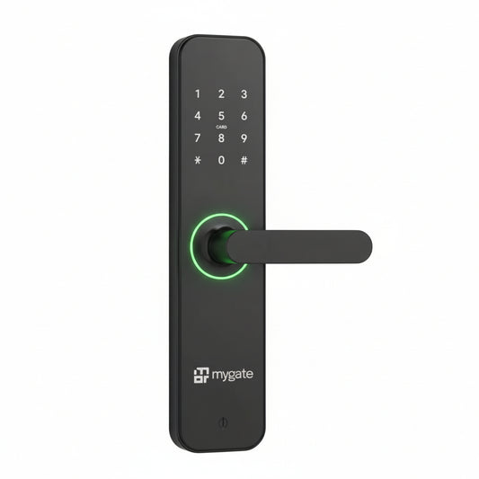 Mygate Lock SE black smart digital door lock with touchscreen keypad and handle, featuring keyless entry, fingerprint access, and modern sleek design for home security.