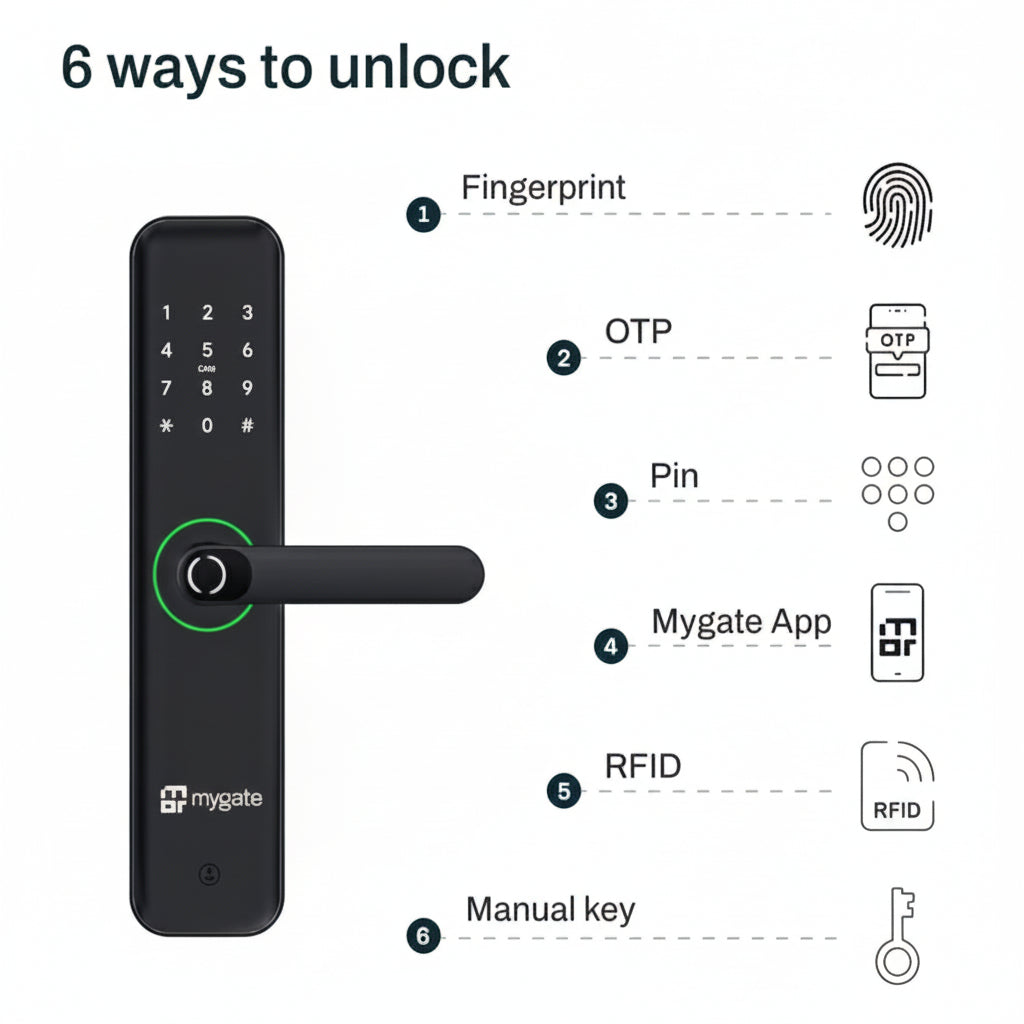 Mygate Lock SE smart digital door lock showing six ways to unlock including fingerprint, OTP, PIN code, Mygate mobile app, RFID card, and manual key access.