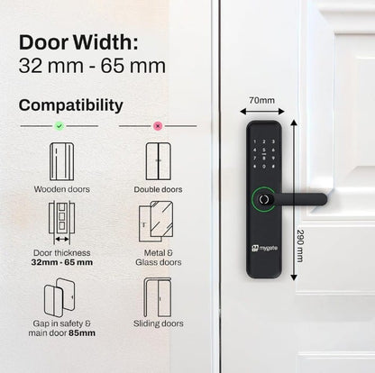 Mygate Lock SE smart door lock installed on a wooden door, showing compatibility with door thickness 32–65 mm and product dimensions of 70 mm width and 290 mm height.