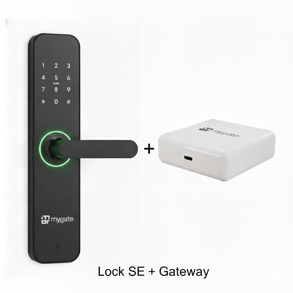 Mygate Lock SE smart digital door lock with keypad handle and green LED ring shown alongside the Mygate Wi-Fi gateway for remote access and smart home connectivity.