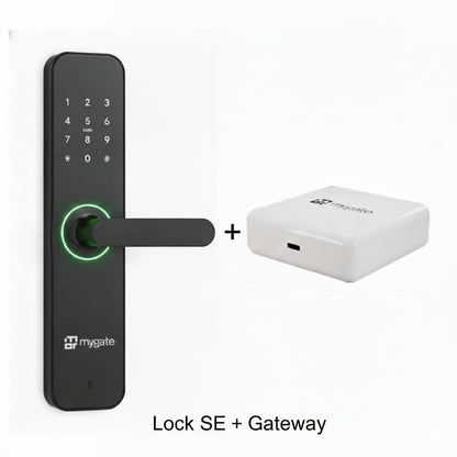 Mygate Lock SE smart digital door lock with keypad handle and green LED ring shown alongside the Mygate Wi-Fi gateway for remote access and smart home connectivity.