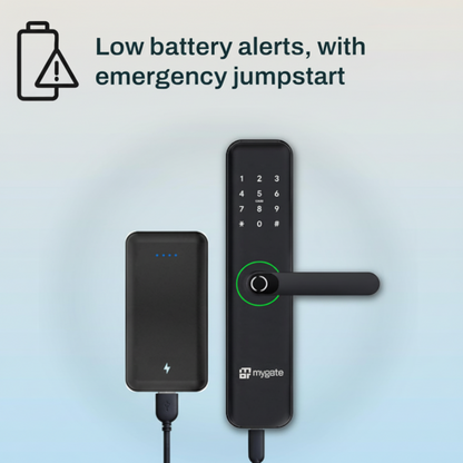 Mygate Lock SE smart door lock showing low battery alert feature with emergency USB jumpstart using a power bank for backup power access.