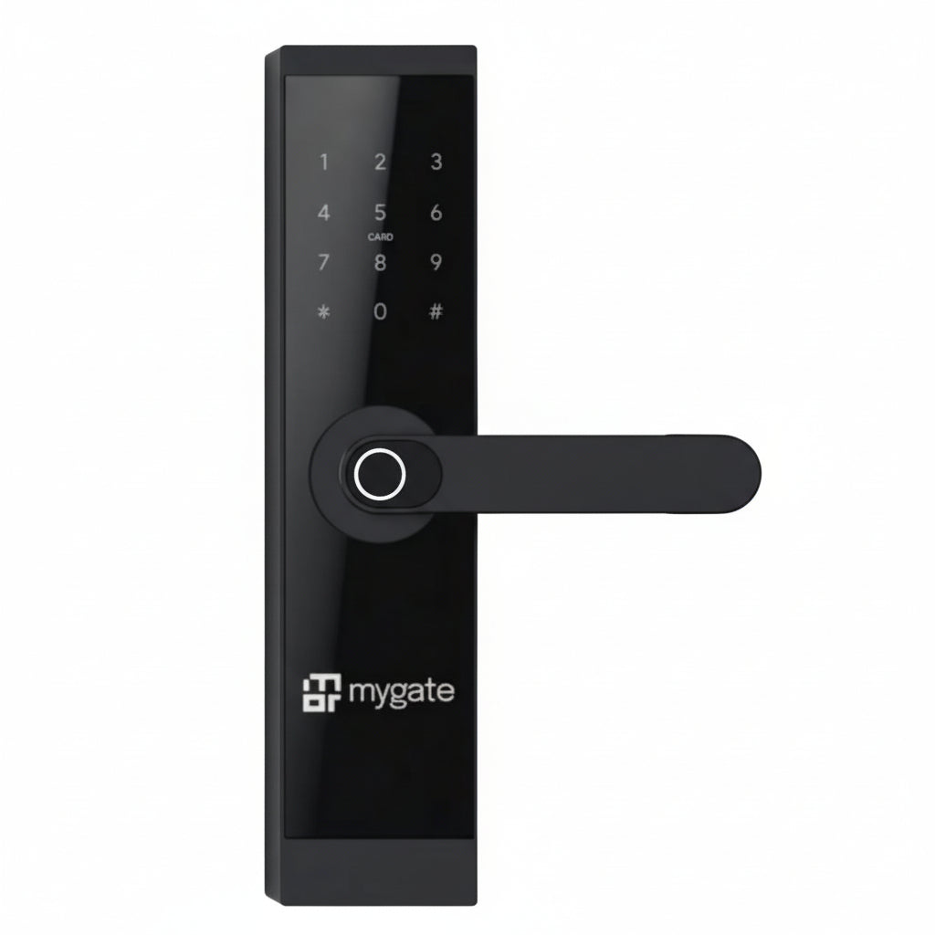 Mygate Lock SR smart digital door lock with keypad, fingerprint sensor, and lever handle in black finish for secure keyless entry in homes and offices.