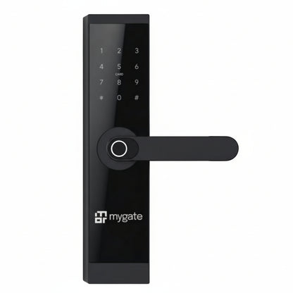 Mygate Lock SR smart digital door lock with keypad, fingerprint sensor, and lever handle in black finish for secure keyless entry in homes and offices.