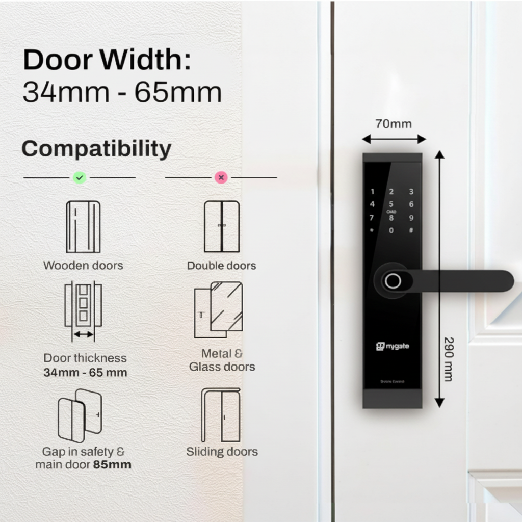 Mygate Lock SR smart digital door lock with 34–65 mm door thickness compatibility, designed for wooden doors with 70 mm width and 290 mm height dimensions.