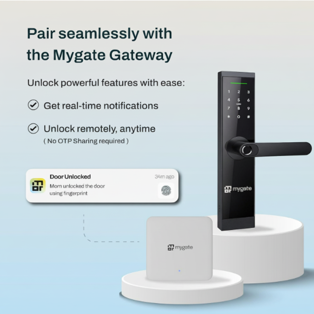 Mygate Lock SR smart door lock paired with Mygate Gateway for remote unlocking, real-time notifications, and seamless smart home access control.