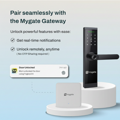 Mygate Lock SR smart door lock paired with Mygate Gateway for remote unlocking, real-time notifications, and seamless smart home access control.