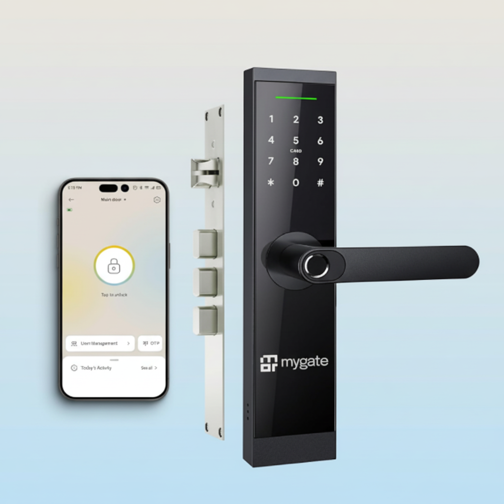 Mygate Lock SR smart digital door lock with touchscreen keypad and lever handle, shown with mobile app control and internal lock mechanism for remote unlocking.