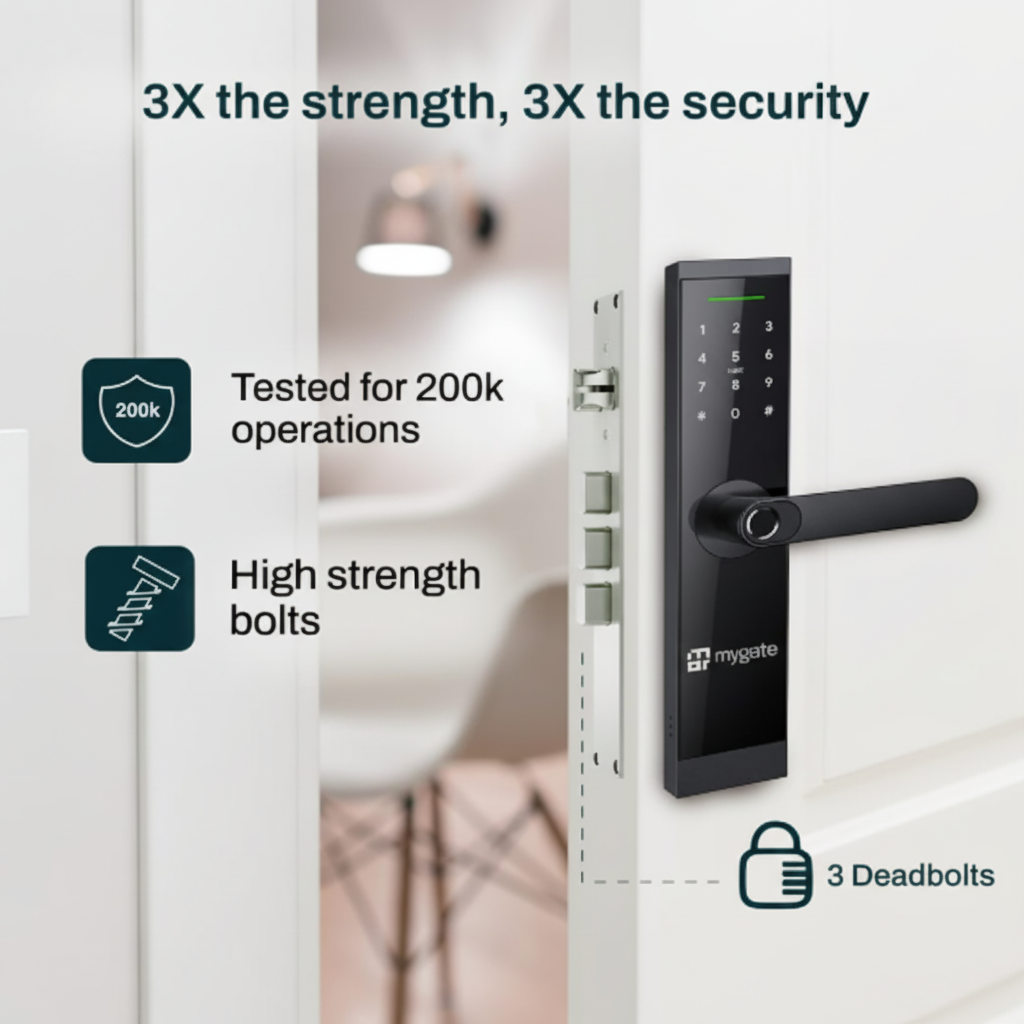 Mygate Lock SR smart digital door lock installed on a door, highlighting 3X strength and security with 200K operation testing, high-strength bolts, and 3 deadbolts.