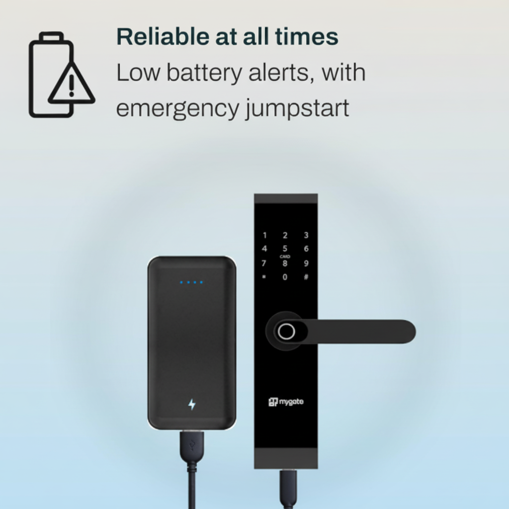 Mygate Lock SR smart digital door lock with low battery alert and USB emergency jumpstart feature for reliable access at all times.