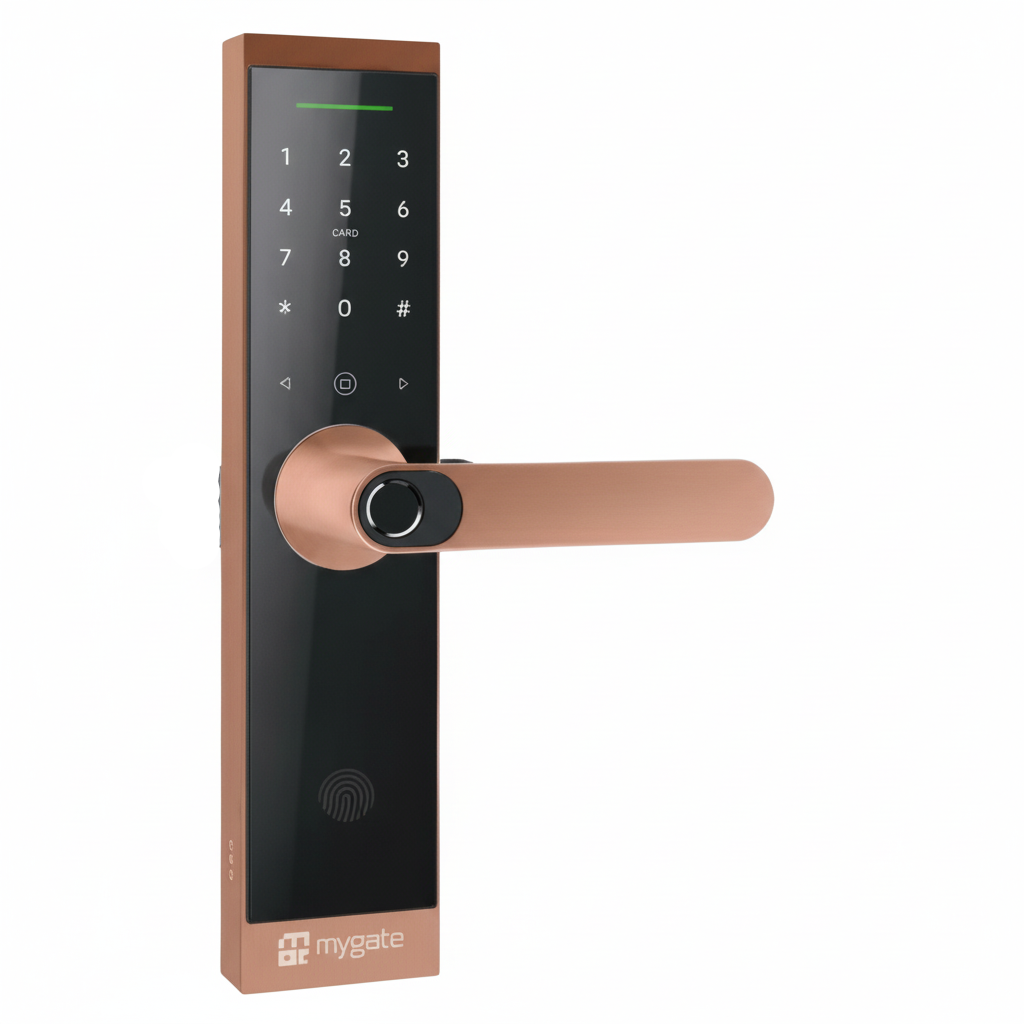 Mygate Lock SR smart digital door lock in copper finish with touchscreen keypad, fingerprint sensor, and lever handle for secure keyless entry.