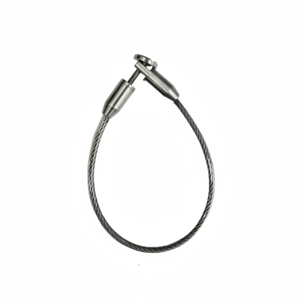 Satin High-strength SS-304 stainless steel wire rope loop for jhula suspension featuring a heavy-duty adjustable cable lock and sleek polished finish for modern indoor swings.