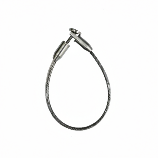 Satin High-strength SS-304 stainless steel wire rope loop for jhula suspension featuring a heavy-duty adjustable cable lock and sleek polished finish for modern indoor swings.