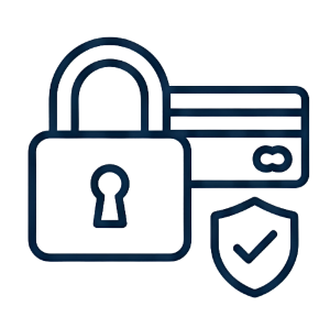 Icon of a lock, credit card, and shield with a check mark on a white background