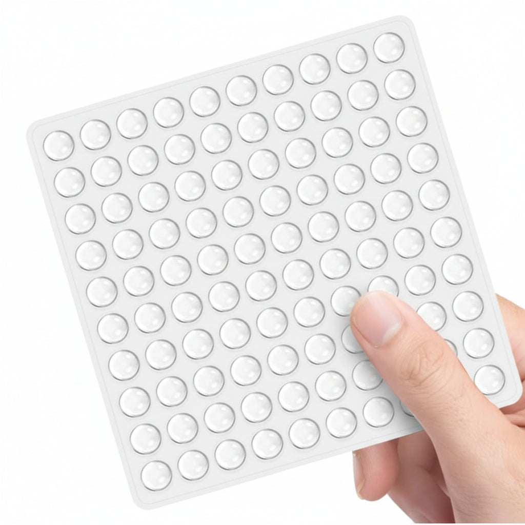 A hand holding a square sheet of 100 small, circular, self-adhesive clear silicone bumper pads. These transparent rubber buffer dots are designed for noise dampening and surface protection on kitchen cabinets, drawers, glass tabletops, and picture frames.
