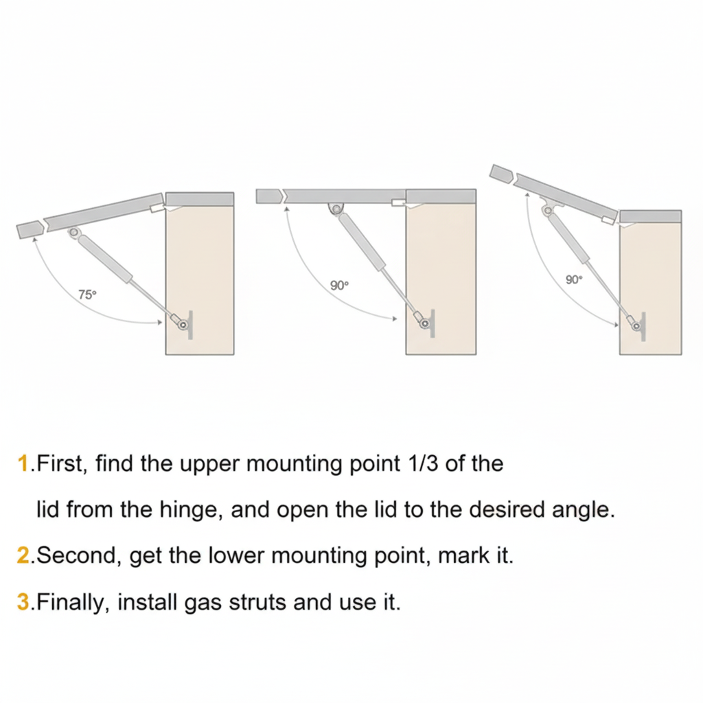 A technical installation diagram for gas struts showing how to mount hydraulic lifts at 75°, 90°, and 100° opening angles. The guide illustrates the 1/3 mounting point rule for cabinet lids and toy boxes, providing a clear three-step process for locating upper and lower mounting points to ensure smooth door support and soft-close functionality.