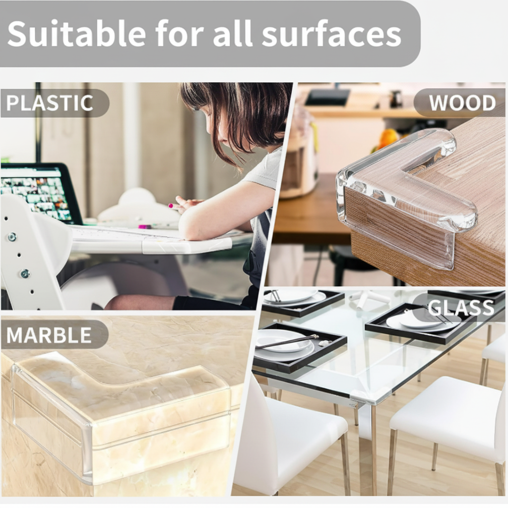 Transparent PVC corner guard installed on desk edge, providing child safety protection and impact cushioning for furniture corners.