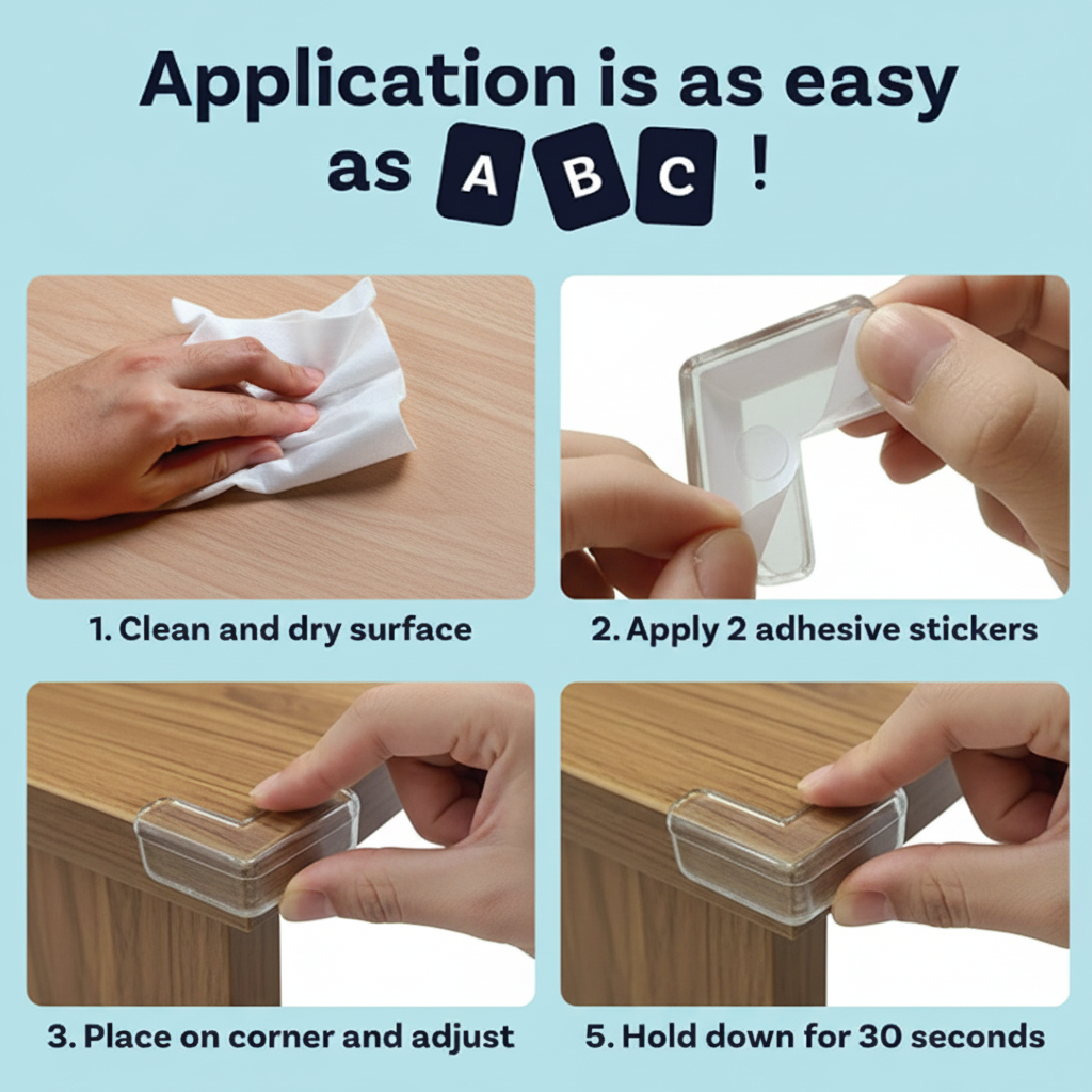 Step-by-step installation guide for transparent PVC corner guard showing surface cleaning, adhesive application, corner placement, and secure fixing for furniture edge protection.