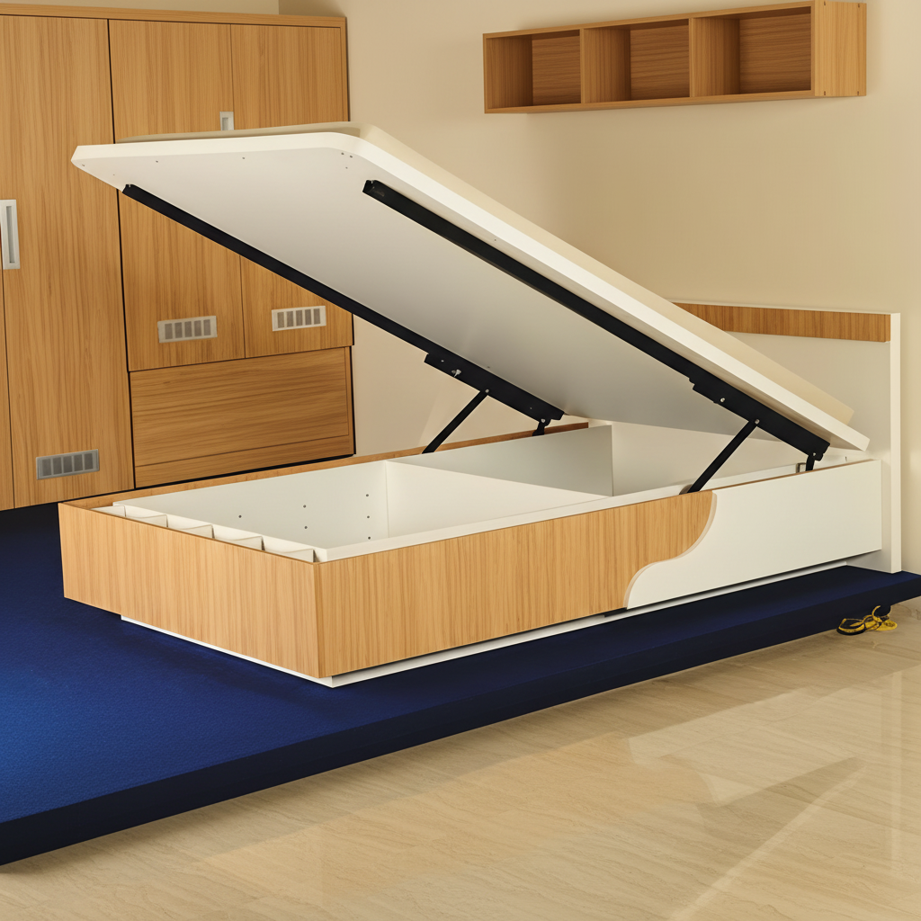 A modern wooden hydraulic storage bed featuring a Vagad gas pump lift mechanism in action. The image demonstrates how heavy-duty hydraulic struts effortlessly lift the mattress base to reveal a spacious under-bed storage compartment, highlighting the efficiency and smooth movement of professional-grade bed fitting hardware in a contemporary bedroom setting.