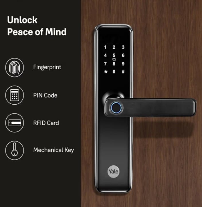 Yale YDME 50 NxT, Smart Door Lock with Biometric, Pincode, RFID Card & Mechanical Keys, Color- Black, for Home & Office