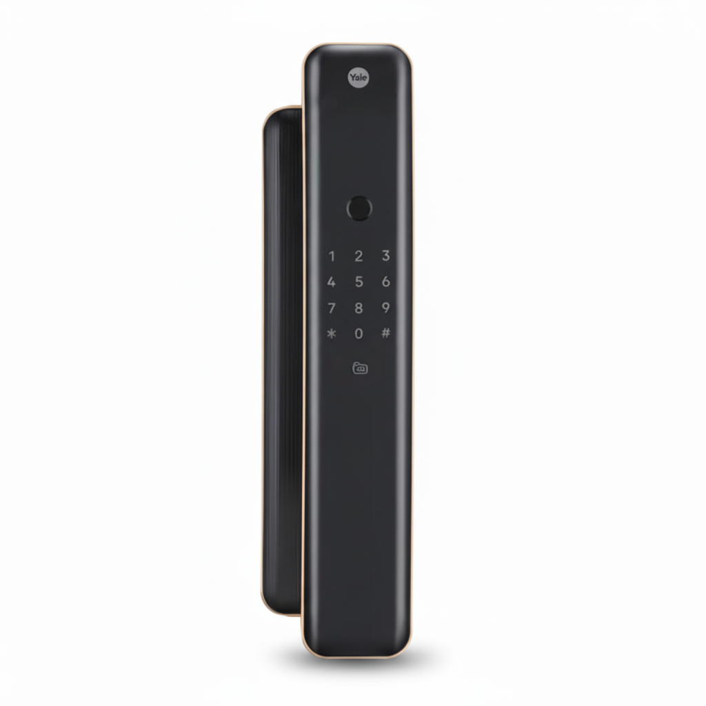 Yale Luna Pro smart digital door lock in black and antique copper finish with touchscreen keypad, fingerprint sensor, and RFID access for secure home or office entry.