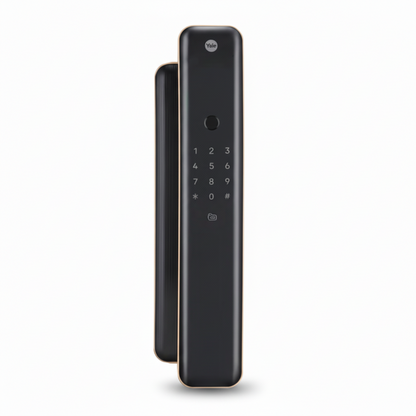 Yale Luna Pro smart digital door lock in black and antique copper finish with touchscreen keypad, fingerprint sensor, and RFID access for secure home or office entry.