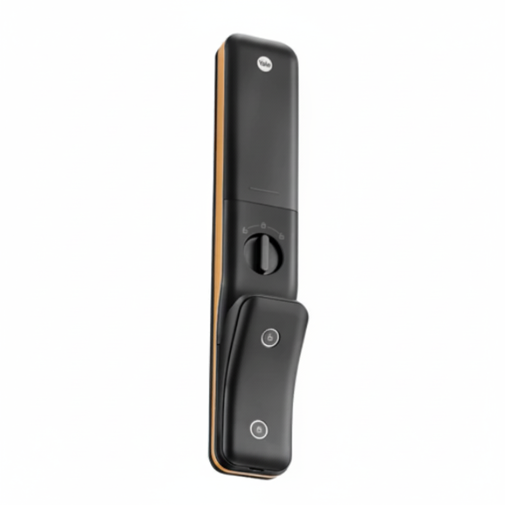 Yale Luna Pro smart digital door lock in black and antique copper finish with touchscreen keypad, fingerprint sensor, and RFID access for secure home or office entry.