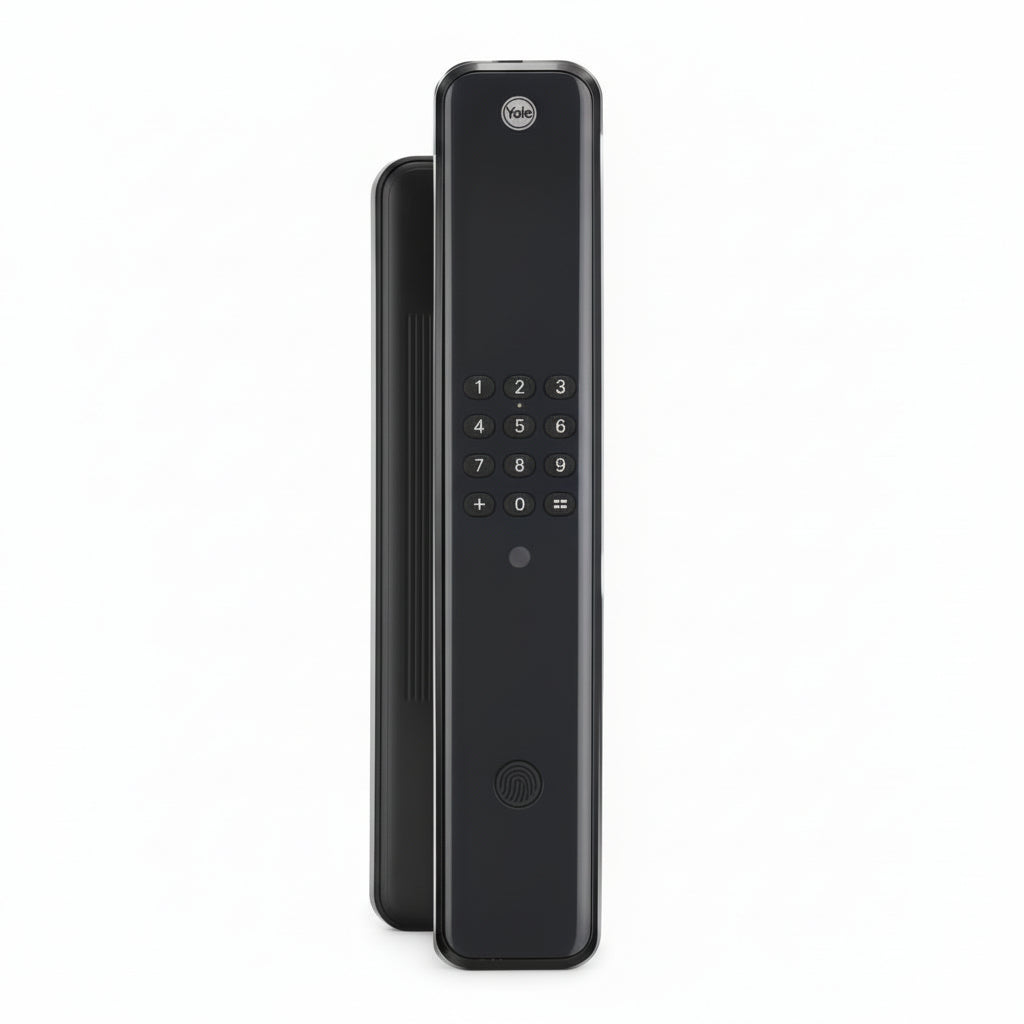 Yale Luna Pro smart digital door lock in black with touchscreen keypad and fingerprint sensor, designed for secure keyless entry in homes and offices.