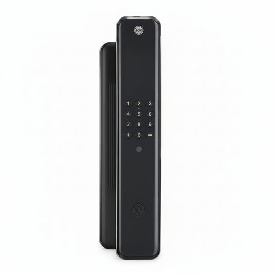Yale Luna Pro smart digital door lock in black with touchscreen keypad and fingerprint sensor, designed for secure keyless entry in homes and offices.