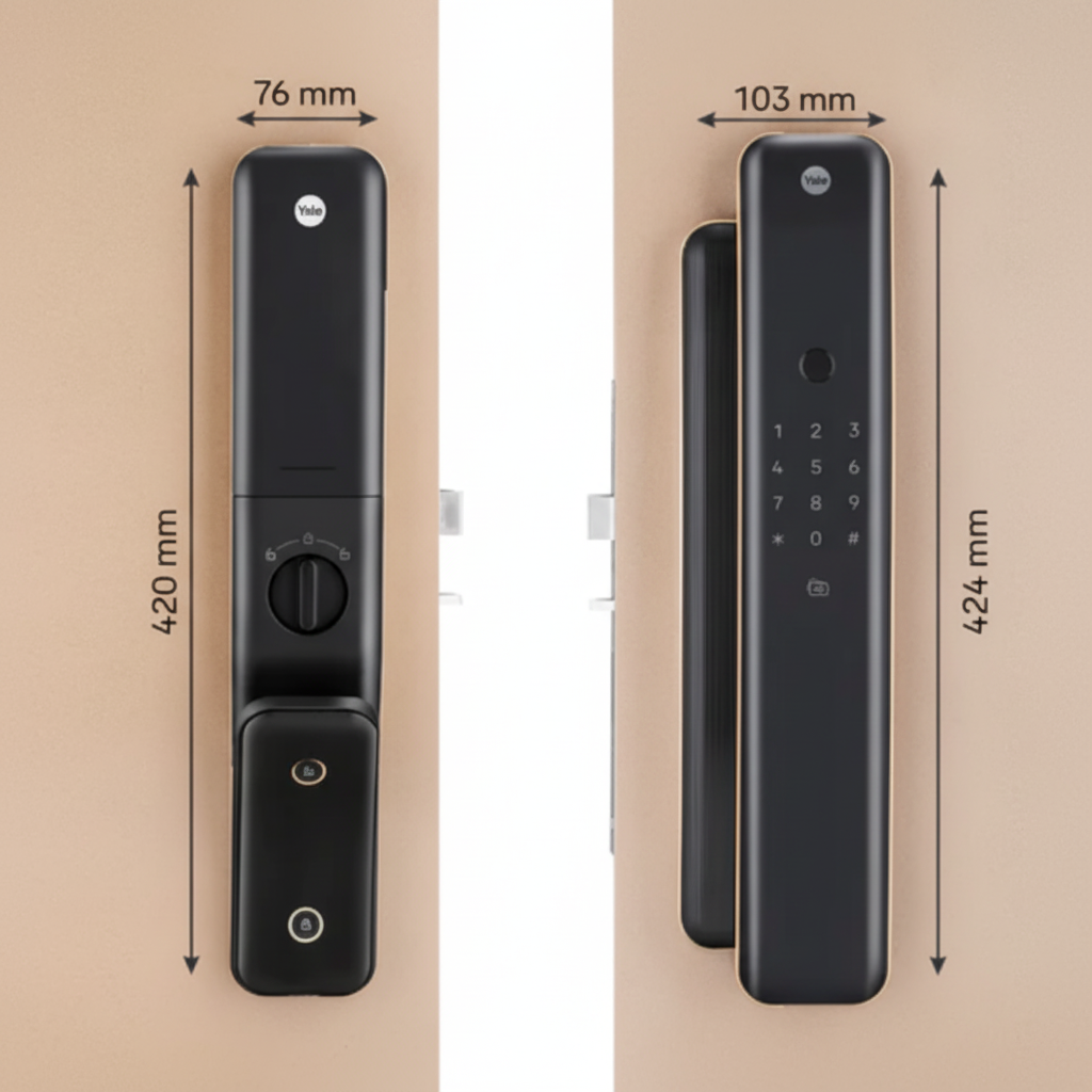 Yale Luna Pro smart digital door lock front and back view with dimensions, showing keypad, fingerprint sensor, and measurements for installation on home or office doors.