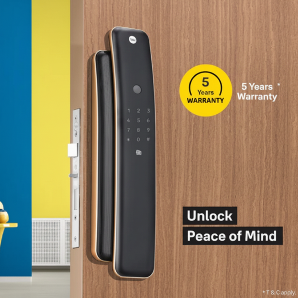 Yale Luna Pro smart digital door lock in black and antique copper on wooden door with touch keypad and 5-year warranty badge, designed for secure home entry.