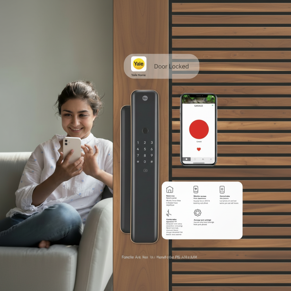 Woman using smartphone app to control Yale Luna Pro smart digital door lock with keypad and remote access features on a wooden door.