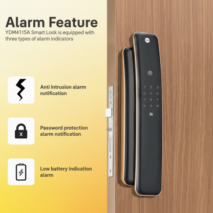 Yale Luna Pro smart digital door lock on wooden door showing alarm features including anti-intrusion alert, password protection alert, and low battery notification.