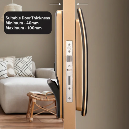 Yale Luna Pro smart digital door lock showing suitable door thickness range of 40–100 mm for installation on residential and office doors.