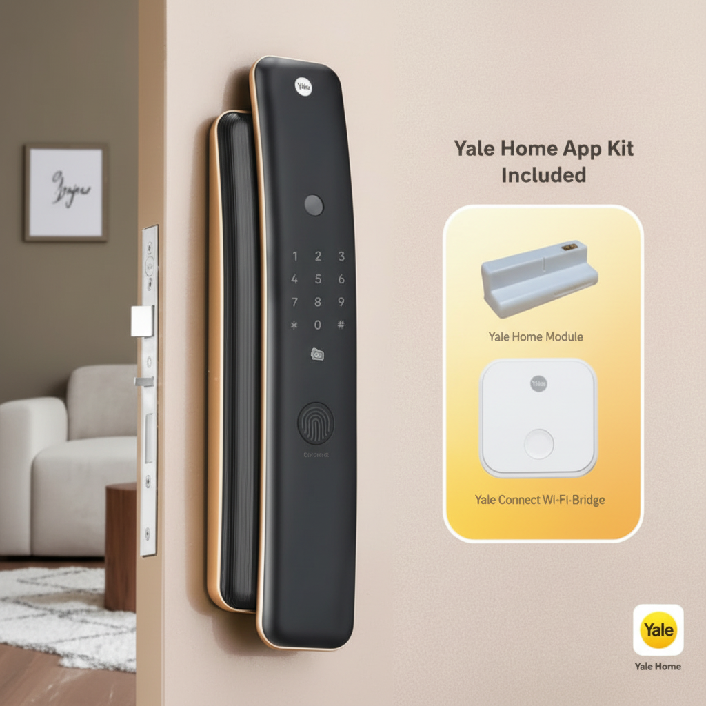 Yale Luna Pro smart digital door lock with fingerprint and keypad access, including Yale Home module and Yale Connect Wi-Fi bridge for remote control via the Yale Home app.