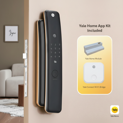 Yale Luna Pro smart digital door lock with fingerprint and keypad access, including Yale Home module and Yale Connect Wi-Fi bridge for remote control via the Yale Home app.