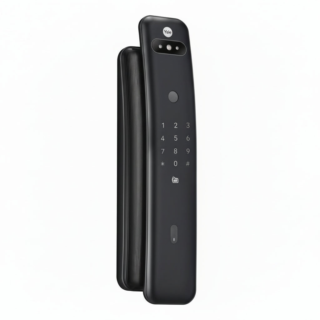 Yale Luna Pro+ Facial smart digital door lock in black finish with face recognition, fingerprint sensor, keypad, and modern handle design for secure home or office access.