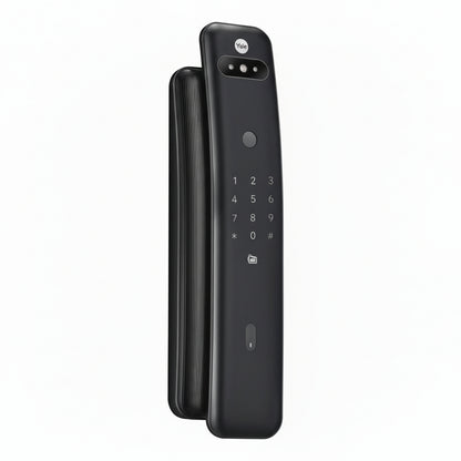 Yale Luna Pro+ Facial smart digital door lock in black finish with face recognition, fingerprint sensor, keypad, and modern handle design for secure home or office access.