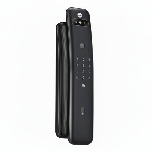 Yale Luna Pro+ Facial smart digital door lock in black finish with face recognition, fingerprint sensor, keypad, and modern handle design for secure home or office access.