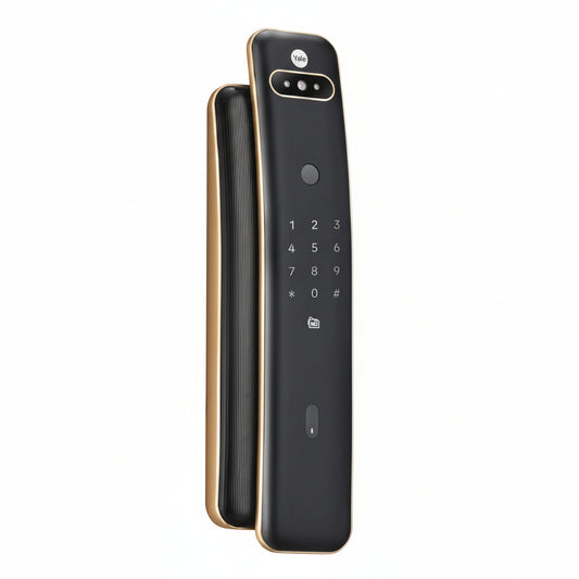 Yale Luna Pro+ Facial smart digital door lock in black and antique brass finish with face recognition, fingerprint sensor, and keypad for secure keyless home or office access.